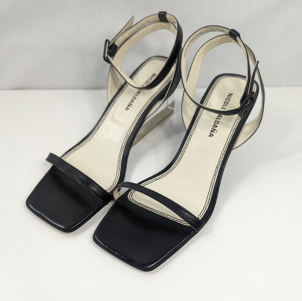 Nicole Saldana Alyssa Leather Square Toe Clear Acrylic Wedge Heel Sandal Size 9